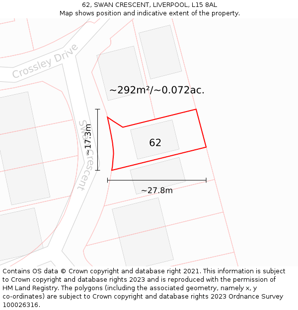 62, SWAN CRESCENT, LIVERPOOL, L15 8AL: Plot and title map