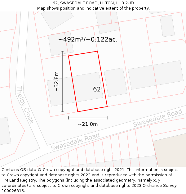 62, SWASEDALE ROAD, LUTON, LU3 2UD: Plot and title map