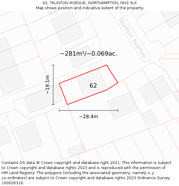 62, TAUNTON AVENUE, NORTHAMPTON, NN3 3LX: Plot and title map