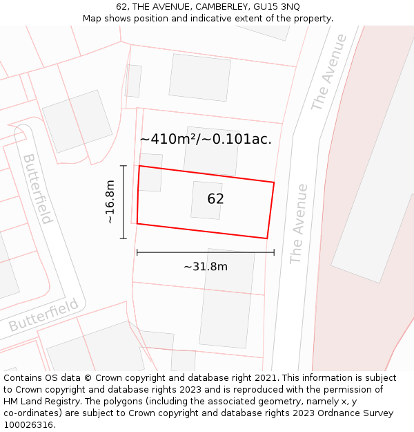 62, THE AVENUE, CAMBERLEY, GU15 3NQ: Plot and title map