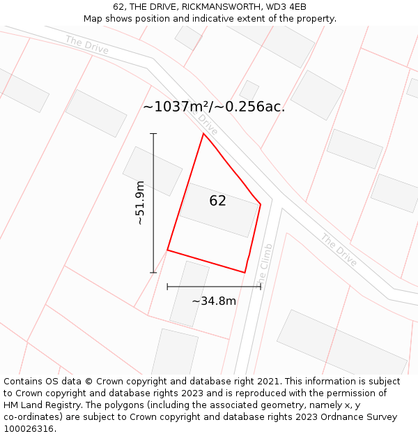 62, THE DRIVE, RICKMANSWORTH, WD3 4EB: Plot and title map