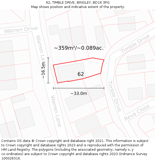 62, TIMBLE DRIVE, BINGLEY, BD16 3PG: Plot and title map