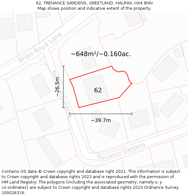 62, TRENANCE GARDENS, GREETLAND, HALIFAX, HX4 8NN: Plot and title map