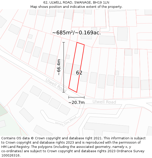 62, ULWELL ROAD, SWANAGE, BH19 1LN: Plot and title map