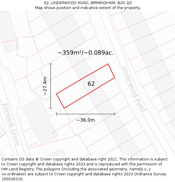 62, UNDERWOOD ROAD, BIRMINGHAM, B20 1JS: Plot and title map