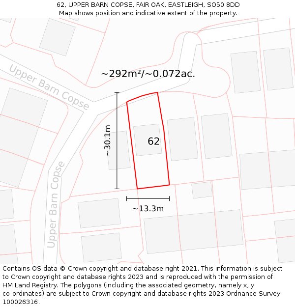 62, UPPER BARN COPSE, FAIR OAK, EASTLEIGH, SO50 8DD: Plot and title map