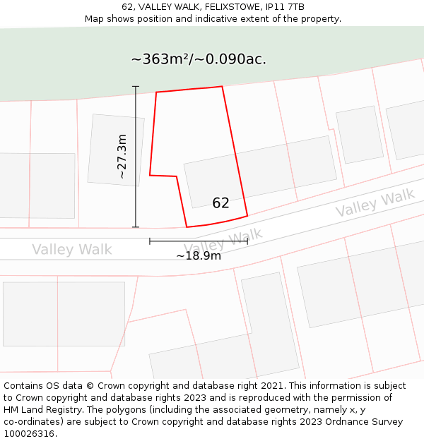 62, VALLEY WALK, FELIXSTOWE, IP11 7TB: Plot and title map