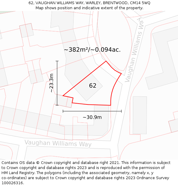 62, VAUGHAN WILLIAMS WAY, WARLEY, BRENTWOOD, CM14 5WQ: Plot and title map