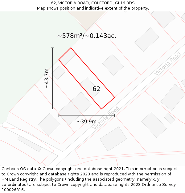 62, VICTORIA ROAD, COLEFORD, GL16 8DS: Plot and title map