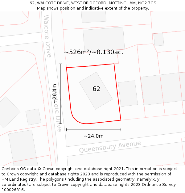 62, WALCOTE DRIVE, WEST BRIDGFORD, NOTTINGHAM, NG2 7GS: Plot and title map