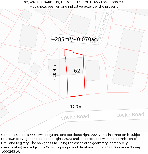 62, WALKER GARDENS, HEDGE END, SOUTHAMPTON, SO30 2RL: Plot and title map