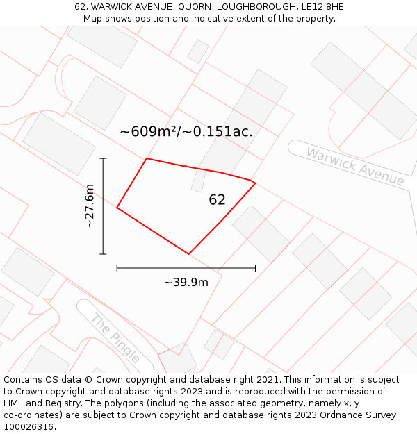 62, WARWICK AVENUE, QUORN, LOUGHBOROUGH, LE12 8HE: Plot and title map