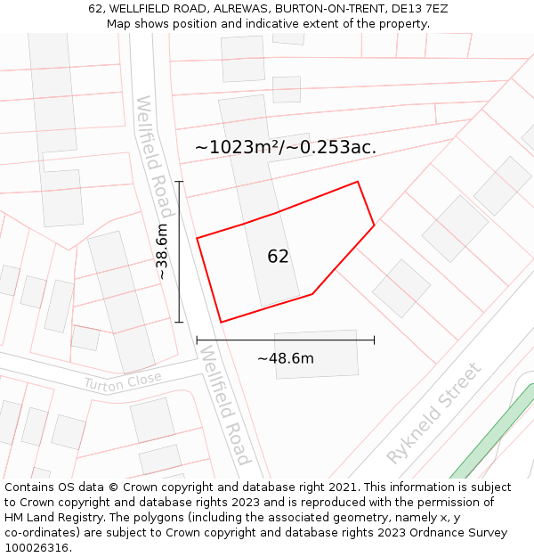 62, WELLFIELD ROAD, ALREWAS, BURTON-ON-TRENT, DE13 7EZ: Plot and title map