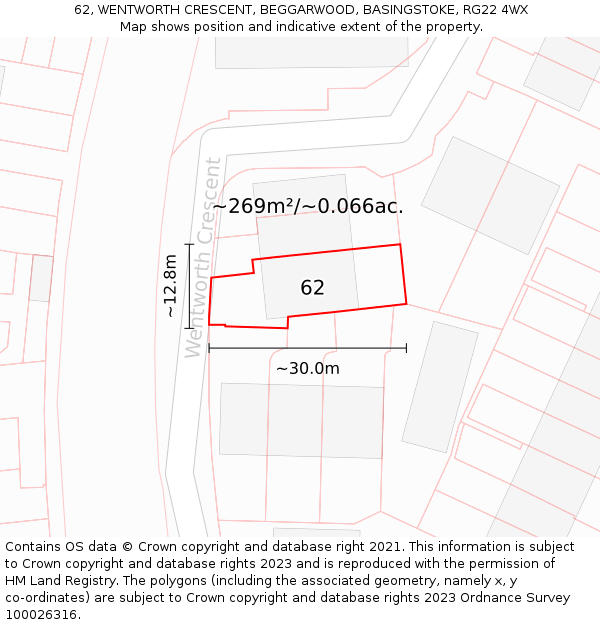 62, WENTWORTH CRESCENT, BEGGARWOOD, BASINGSTOKE, RG22 4WX: Plot and title map