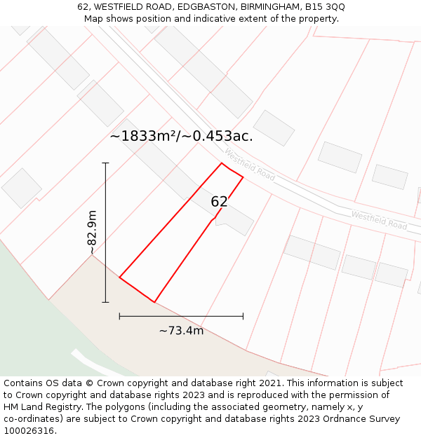 62, WESTFIELD ROAD, EDGBASTON, BIRMINGHAM, B15 3QQ: Plot and title map