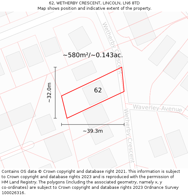 62, WETHERBY CRESCENT, LINCOLN, LN6 8TD: Plot and title map