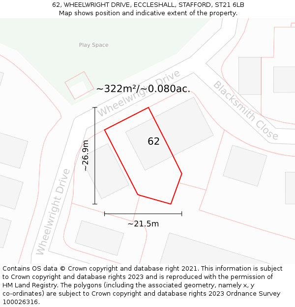 62, WHEELWRIGHT DRIVE, ECCLESHALL, STAFFORD, ST21 6LB: Plot and title map