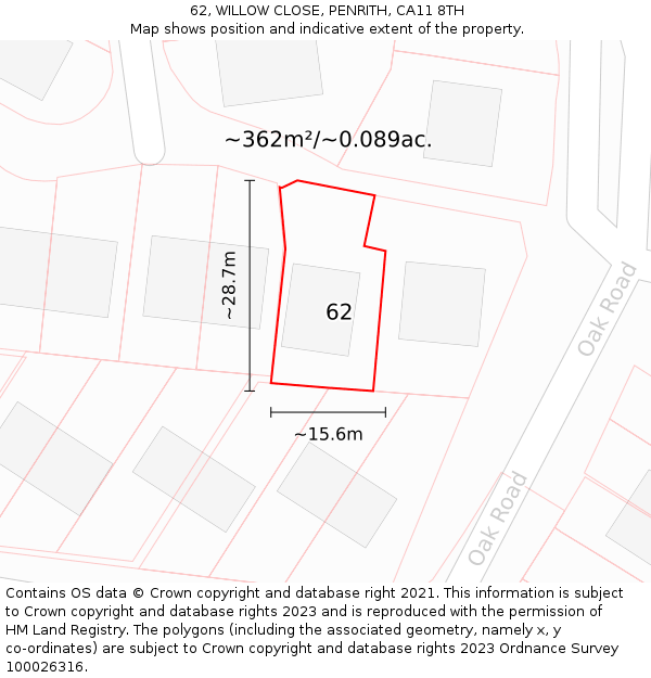 62, WILLOW CLOSE, PENRITH, CA11 8TH: Plot and title map