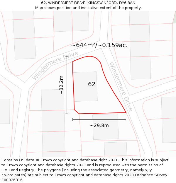 62, WINDERMERE DRIVE, KINGSWINFORD, DY6 8AN: Plot and title map