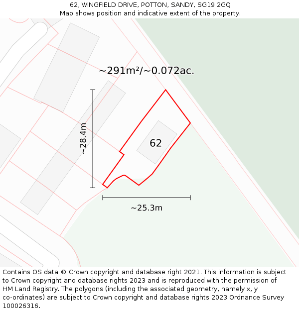 62, WINGFIELD DRIVE, POTTON, SANDY, SG19 2GQ: Plot and title map