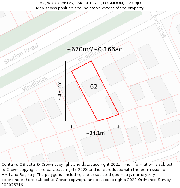 62, WOODLANDS, LAKENHEATH, BRANDON, IP27 9JD: Plot and title map