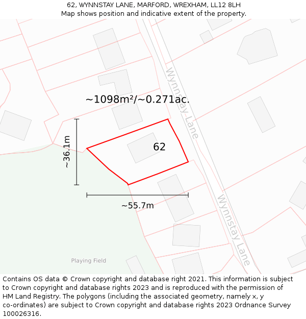 62, WYNNSTAY LANE, MARFORD, WREXHAM, LL12 8LH: Plot and title map