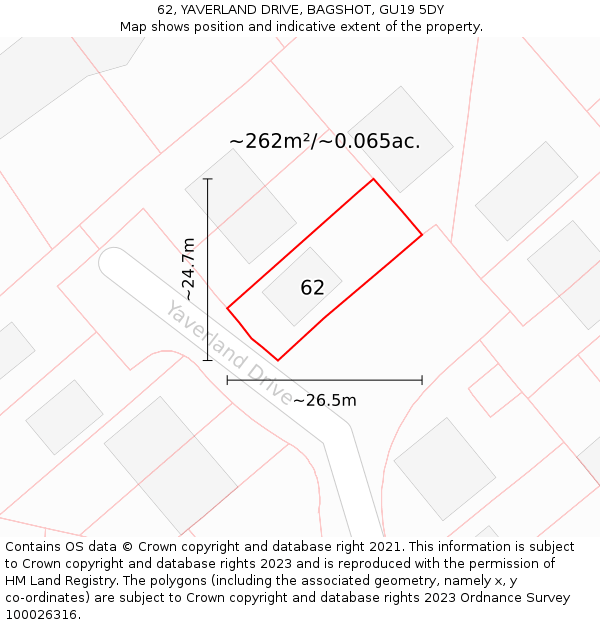 62, YAVERLAND DRIVE, BAGSHOT, GU19 5DY: Plot and title map