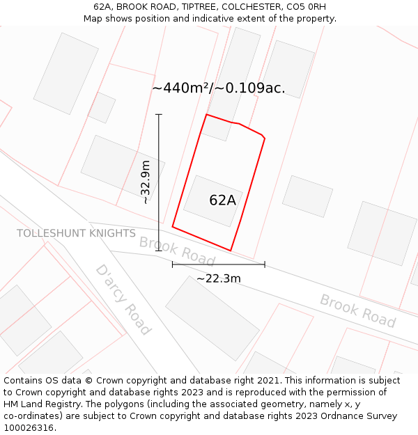 62A, BROOK ROAD, TIPTREE, COLCHESTER, CO5 0RH: Plot and title map