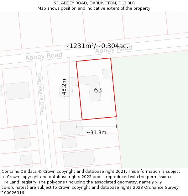 63, ABBEY ROAD, DARLINGTON, DL3 8LR: Plot and title map