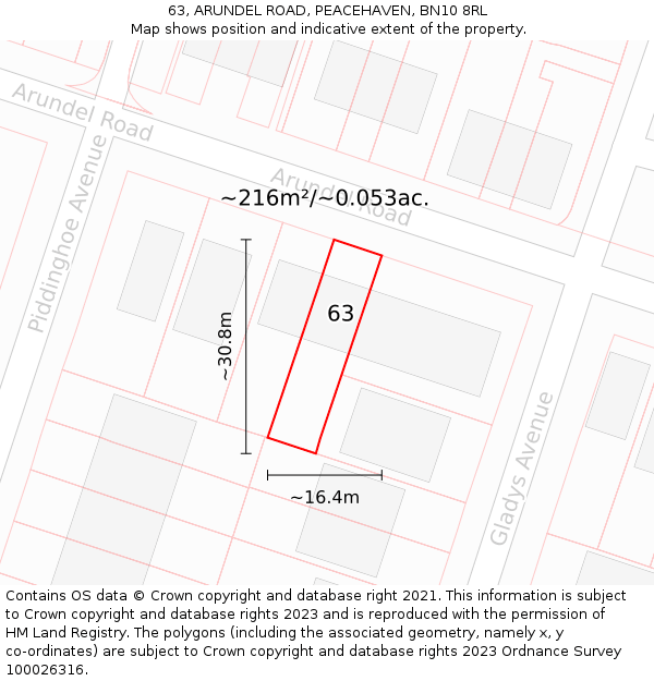 63, ARUNDEL ROAD, PEACEHAVEN, BN10 8RL: Plot and title map