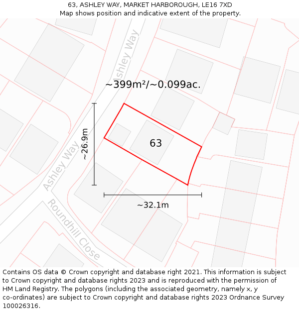 63, ASHLEY WAY, MARKET HARBOROUGH, LE16 7XD: Plot and title map