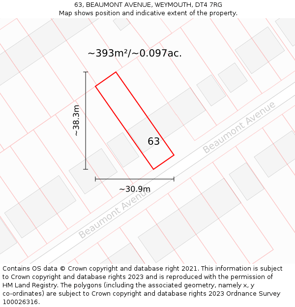 63, BEAUMONT AVENUE, WEYMOUTH, DT4 7RG: Plot and title map