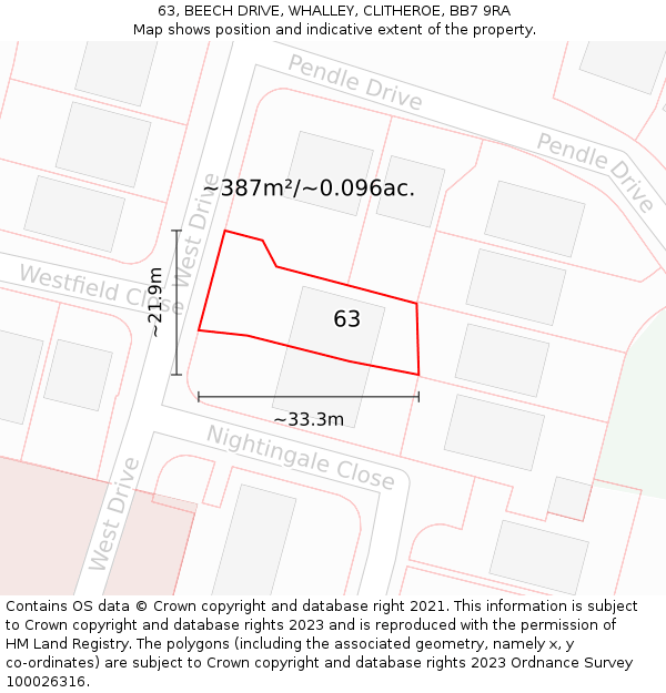 63, BEECH DRIVE, WHALLEY, CLITHEROE, BB7 9RA: Plot and title map