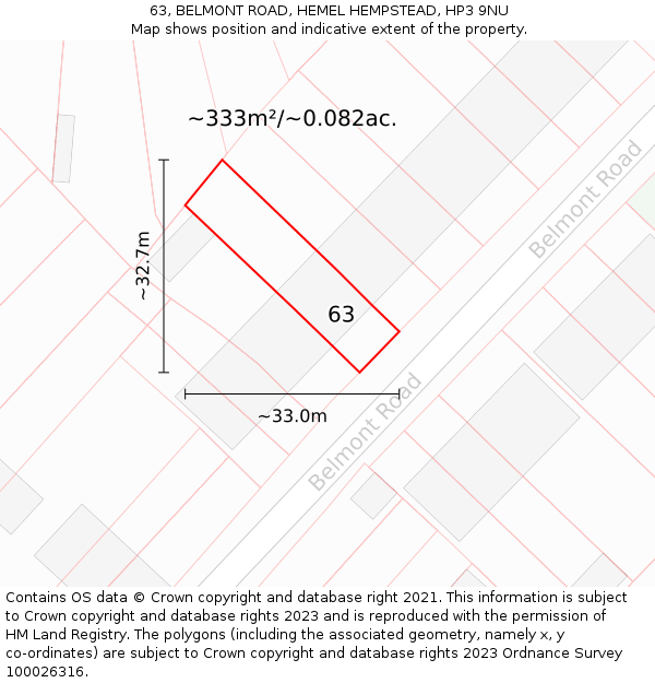 63, BELMONT ROAD, HEMEL HEMPSTEAD, HP3 9NU: Plot and title map