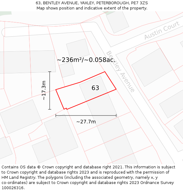 63, BENTLEY AVENUE, YAXLEY, PETERBOROUGH, PE7 3ZS: Plot and title map