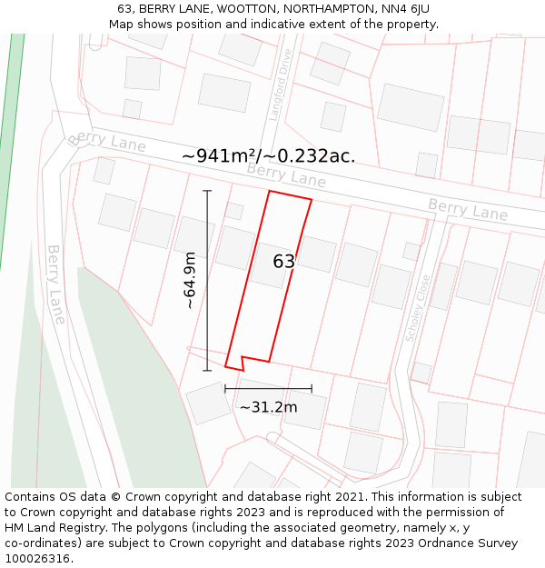 63, BERRY LANE, WOOTTON, NORTHAMPTON, NN4 6JU: Plot and title map