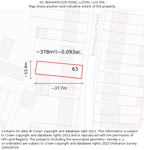 63, BISHOPSCOTE ROAD, LUTON, LU3 1PA: Plot and title map