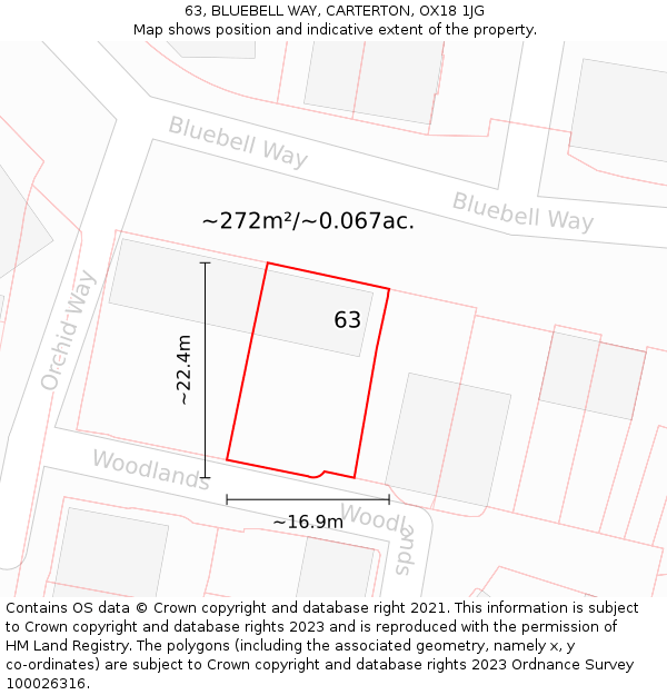 63, BLUEBELL WAY, CARTERTON, OX18 1JG: Plot and title map