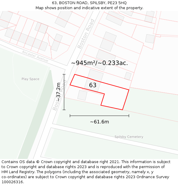 63, BOSTON ROAD, SPILSBY, PE23 5HQ: Plot and title map