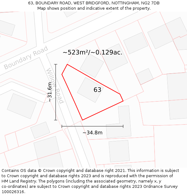 63, BOUNDARY ROAD, WEST BRIDGFORD, NOTTINGHAM, NG2 7DB: Plot and title map