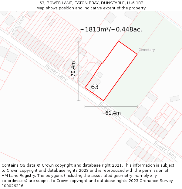 63, BOWER LANE, EATON BRAY, DUNSTABLE, LU6 1RB: Plot and title map