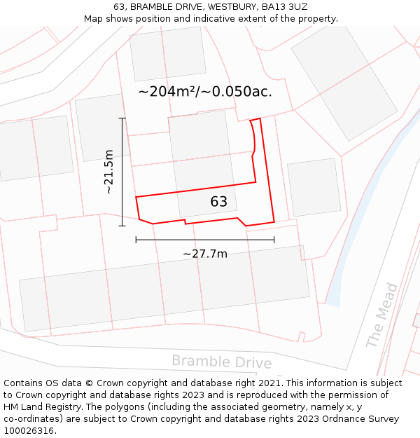 63, BRAMBLE DRIVE, WESTBURY, BA13 3UZ: Plot and title map