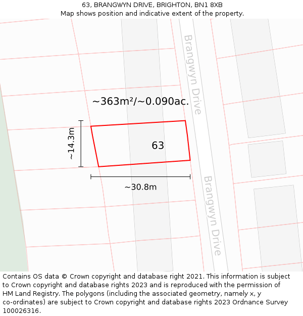 63, BRANGWYN DRIVE, BRIGHTON, BN1 8XB: Plot and title map