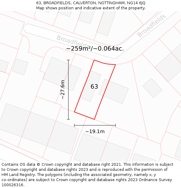 63, BROADFIELDS, CALVERTON, NOTTINGHAM, NG14 6JQ: Plot and title map