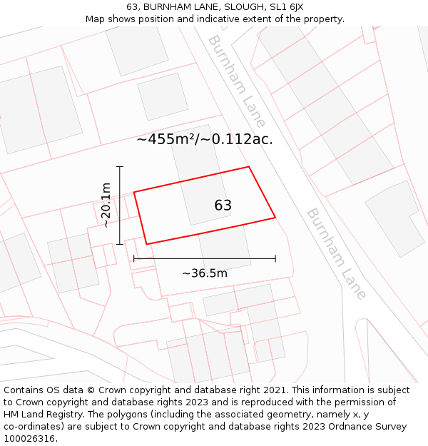 63, BURNHAM LANE, SLOUGH, SL1 6JX: Plot and title map