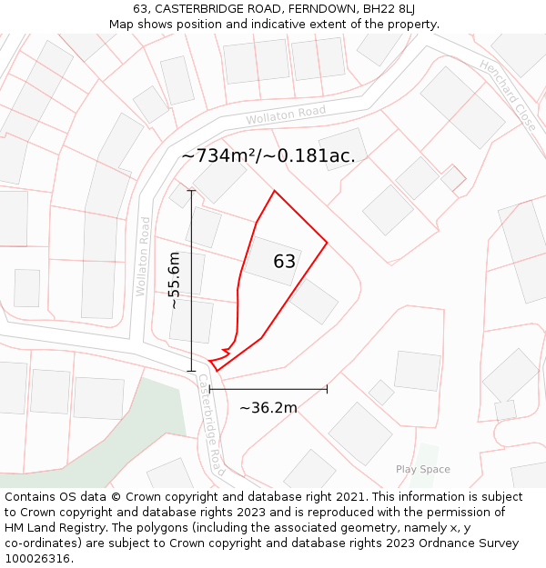 63, CASTERBRIDGE ROAD, FERNDOWN, BH22 8LJ: Plot and title map