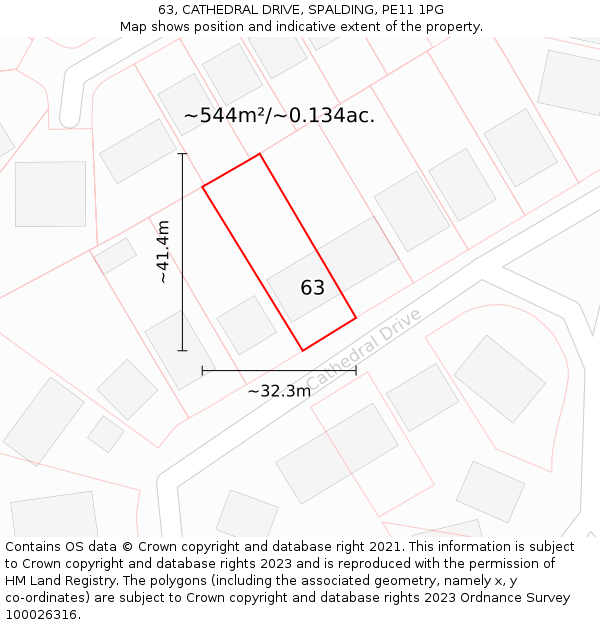 63, CATHEDRAL DRIVE, SPALDING, PE11 1PG: Plot and title map