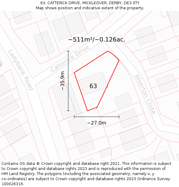 63, CATTERICK DRIVE, MICKLEOVER, DERBY, DE3 0TY: Plot and title map