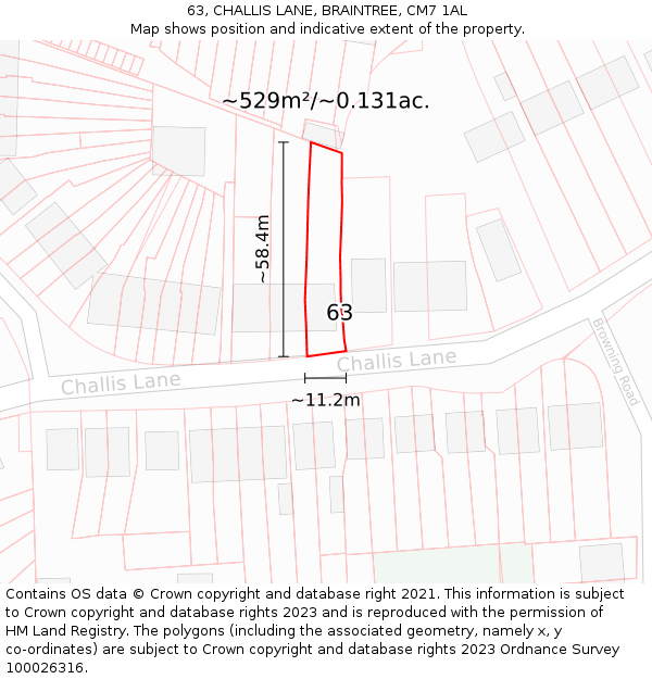 63, CHALLIS LANE, BRAINTREE, CM7 1AL: Plot and title map