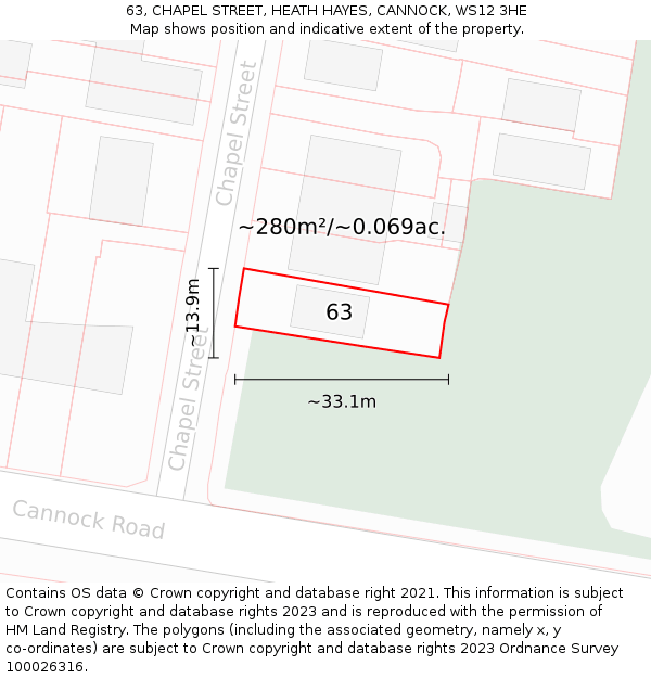 63, CHAPEL STREET, HEATH HAYES, CANNOCK, WS12 3HE: Plot and title map